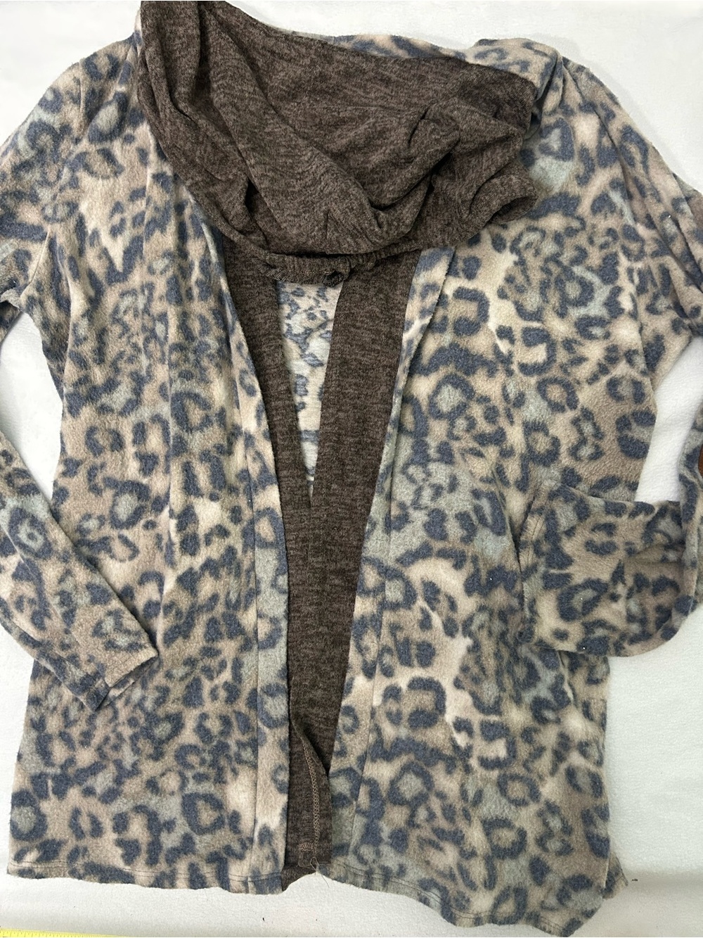Cozy Leopard Print Open Cardigan - Blue Taupe